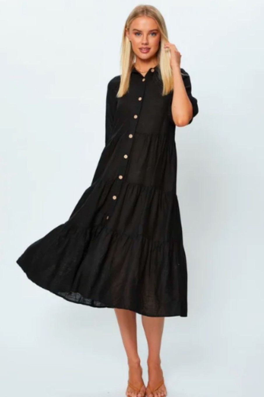 Women Styched Fashion | Button Down Ruffle Flare Midi Dress