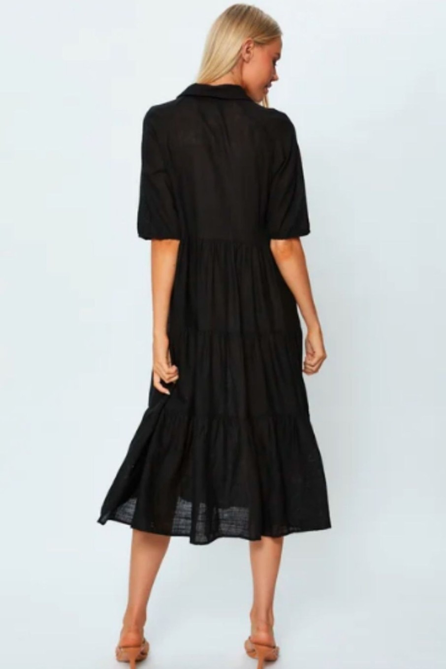 Women Styched Fashion | Button Down Ruffle Flare Midi Dress