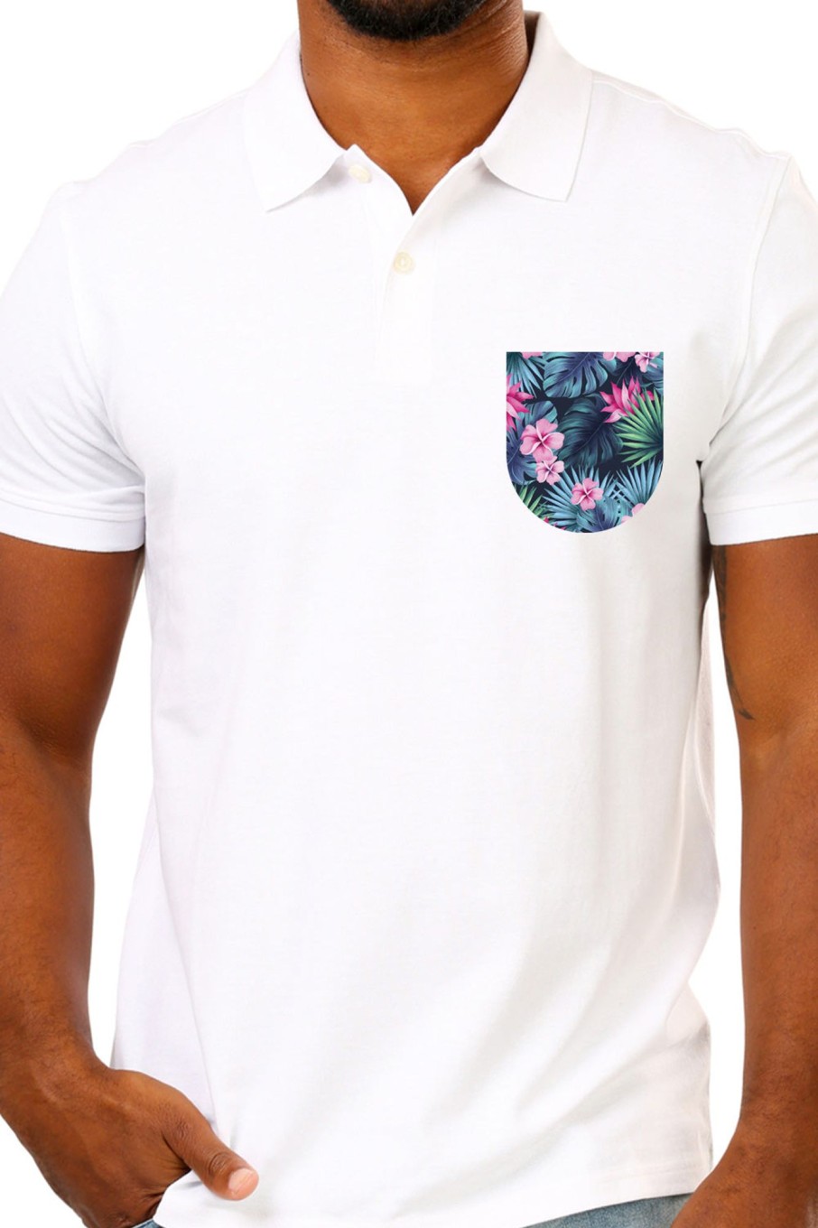 Men Styched Fashion | White Premium Polo T-Shirt With Tropical Savannah Graphics On Pocket Printed