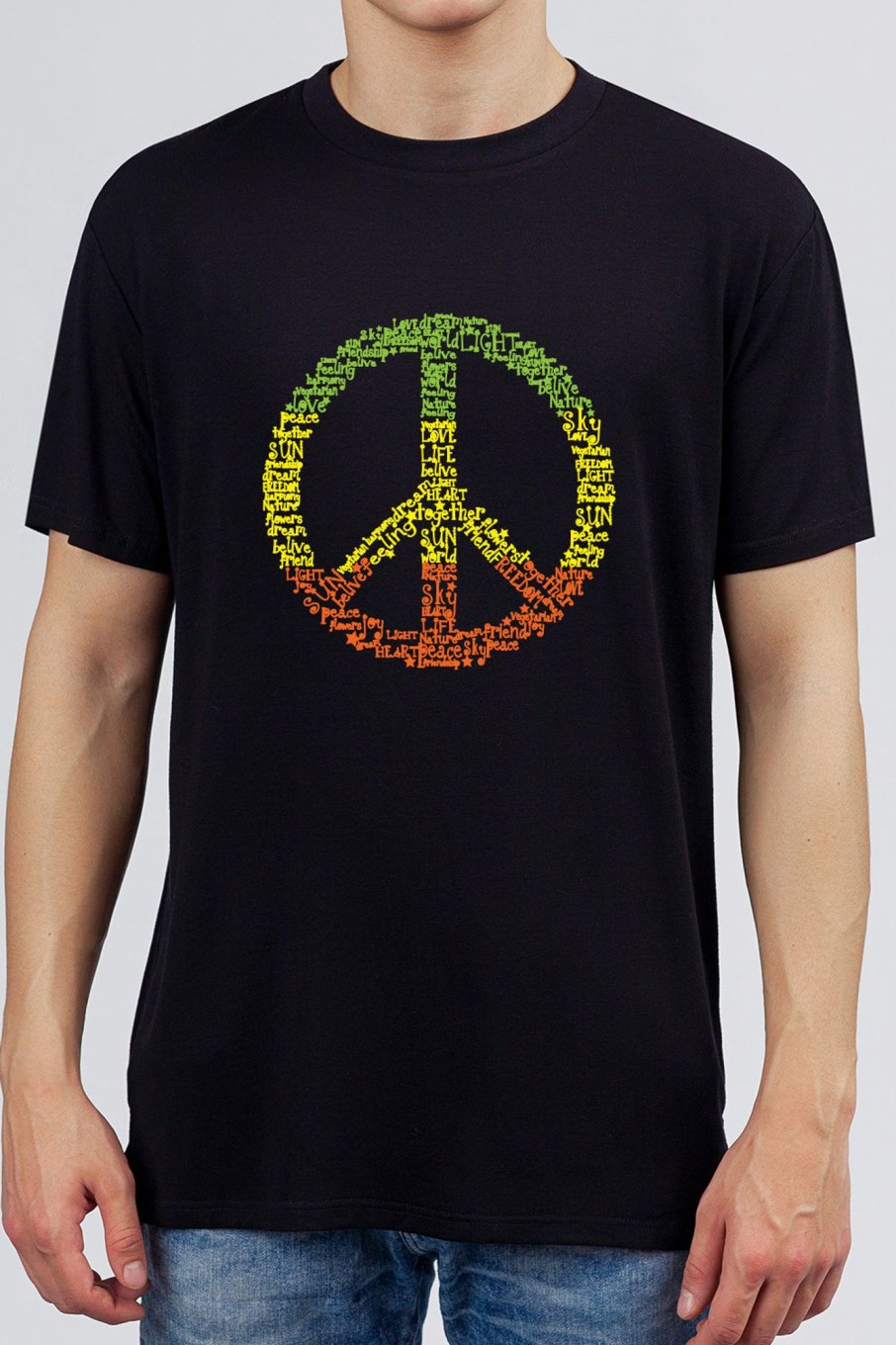 Men Styched Fashion | Peace Love Sign Colored Textual - Block Printed Black Tee