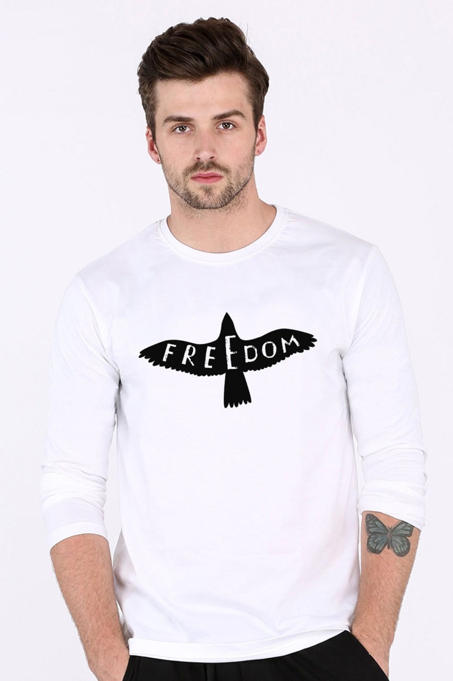 Men Styched Fashion | Freedom Bird Printed White Full Sleeve Tshirt Cotton