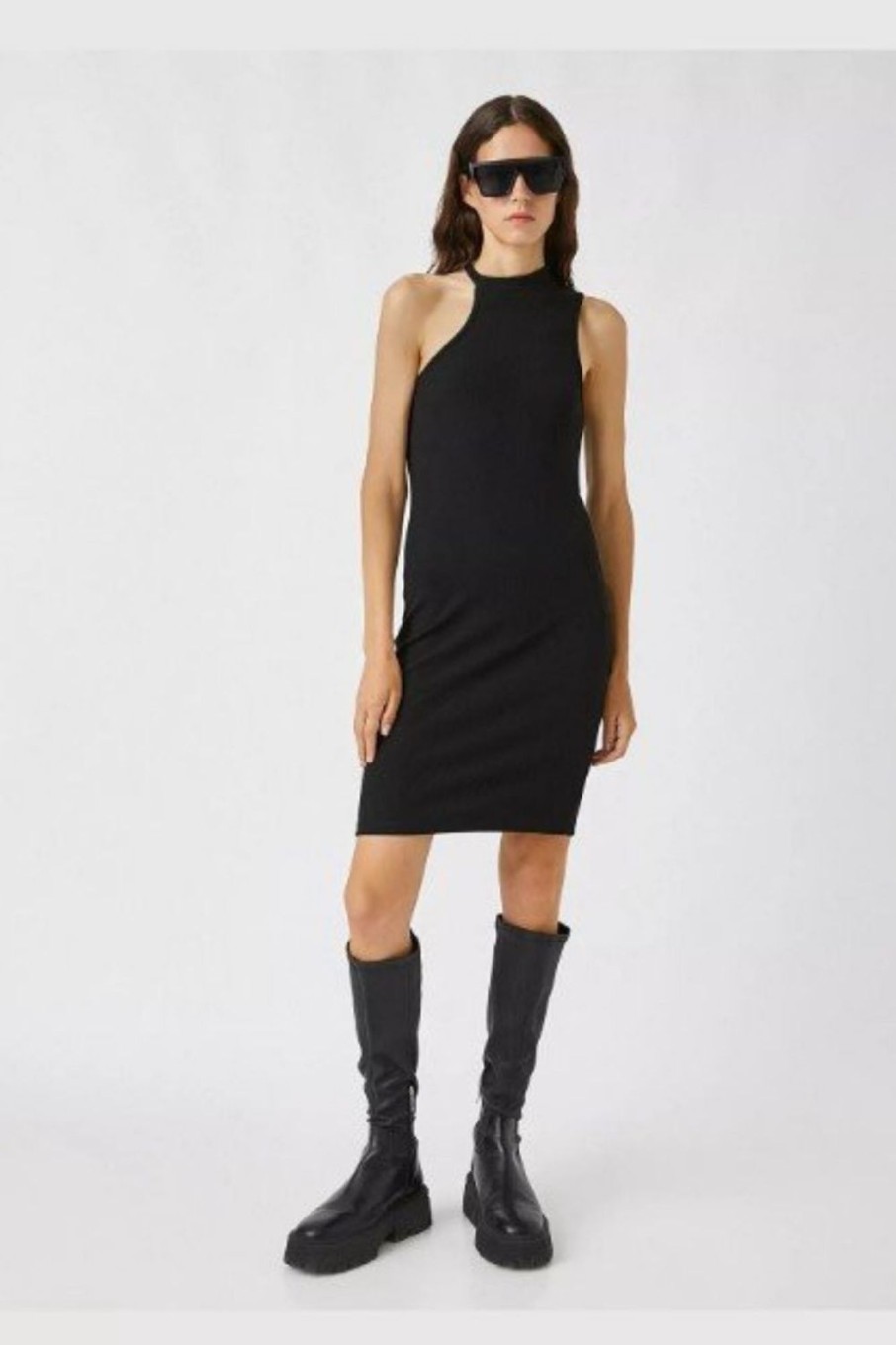 Women Styched Fashion | Oh No Asymmetric Shoulder Black Dress