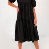 Women Styched Fashion | Puff Sleeved Black Ruffle Midi Dress