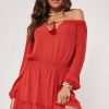 Women Styched Fashion | Red Off Shoulder Mini Flare Dress