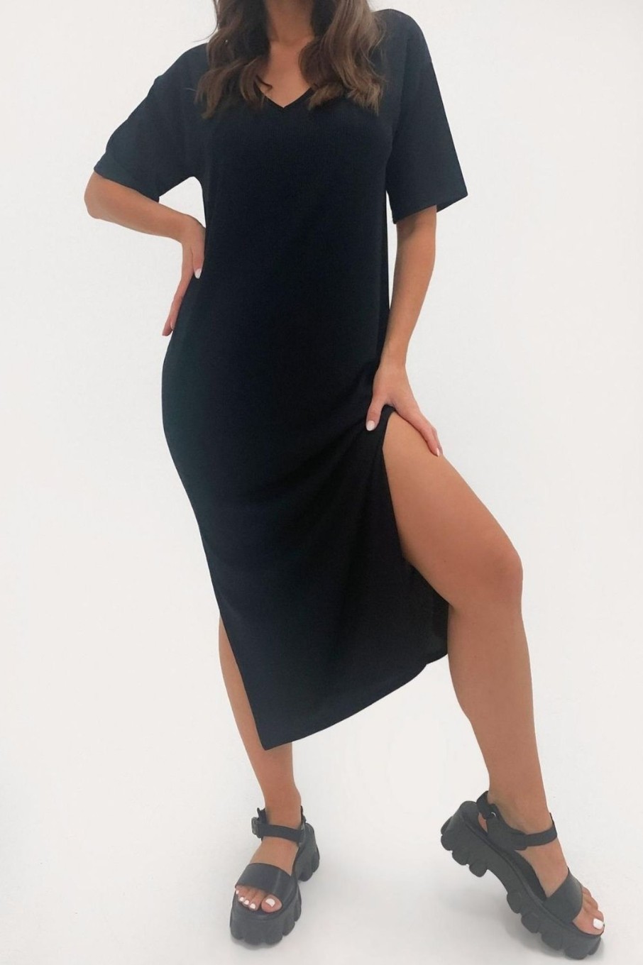 Women Styched Fashion | Side Slit Black Midaxi Dress In Black