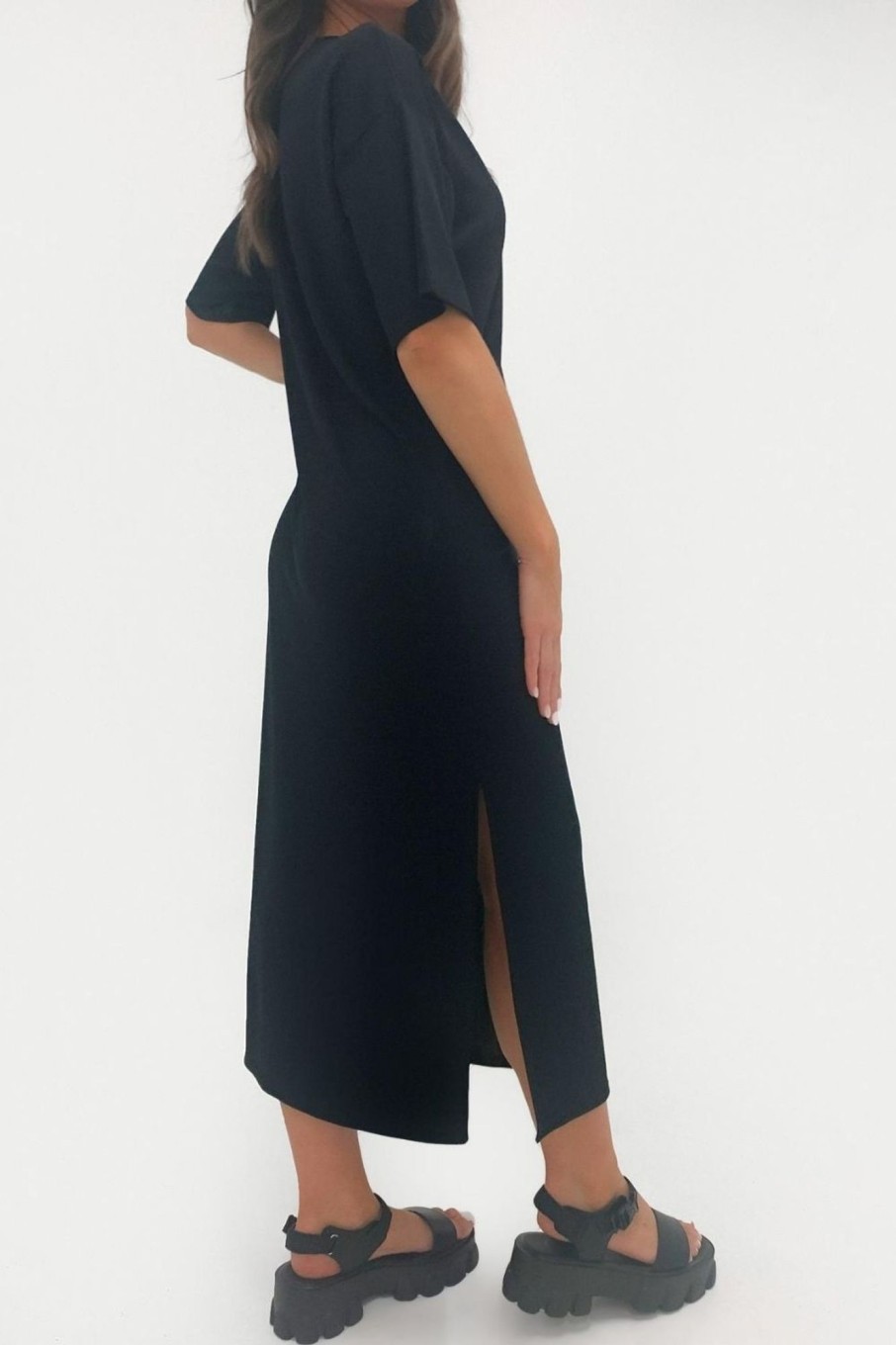 Women Styched Fashion | Side Slit Black Midaxi Dress In Black