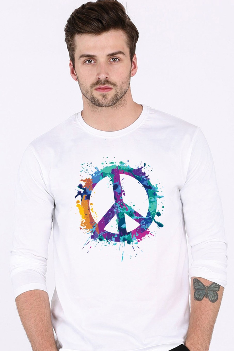 Men Styched Fashion | Peace Love Color Splash - White Full Sleeve T-Shirt Cotton