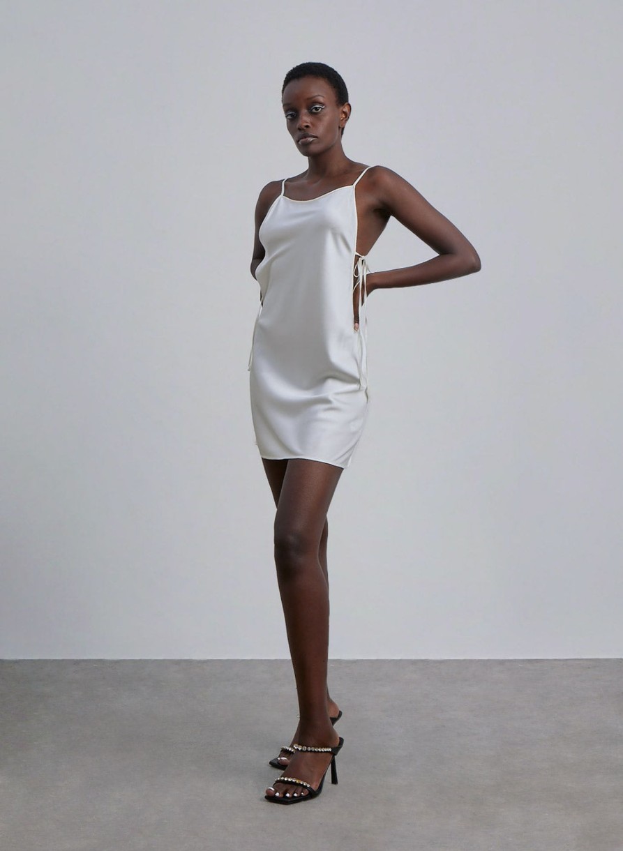 Women Styched Fashion | White Side Tie Silky Slip Dress