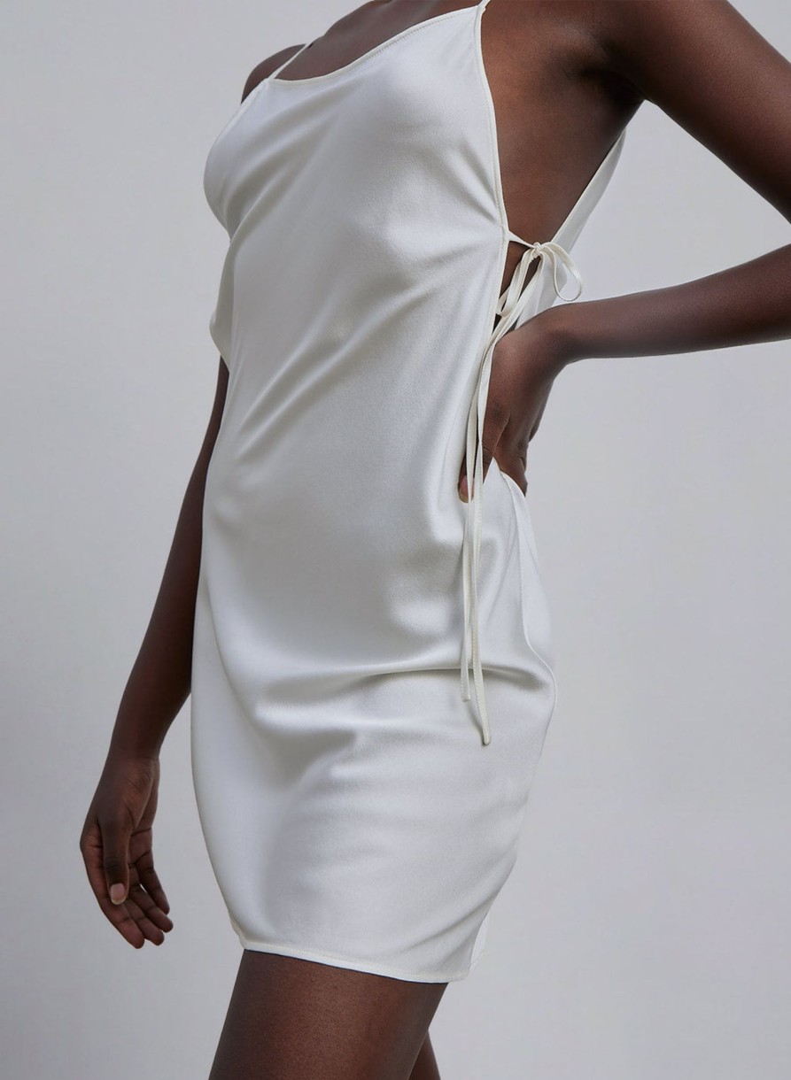 Women Styched Fashion | White Side Tie Silky Slip Dress