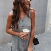 Women Styched Fashion | Ruffle Hem Button Down V Neck Summer Dress