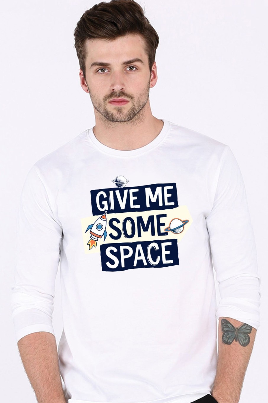 Men Styched Fashion | Give Me Some Space - Cool White Full Sleeve T-Shirt Round Neck Cotton