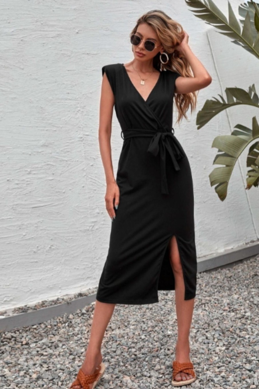 Women Styched Fashion | Tie Waist Plunge Neck Split Thigh Midi Dress