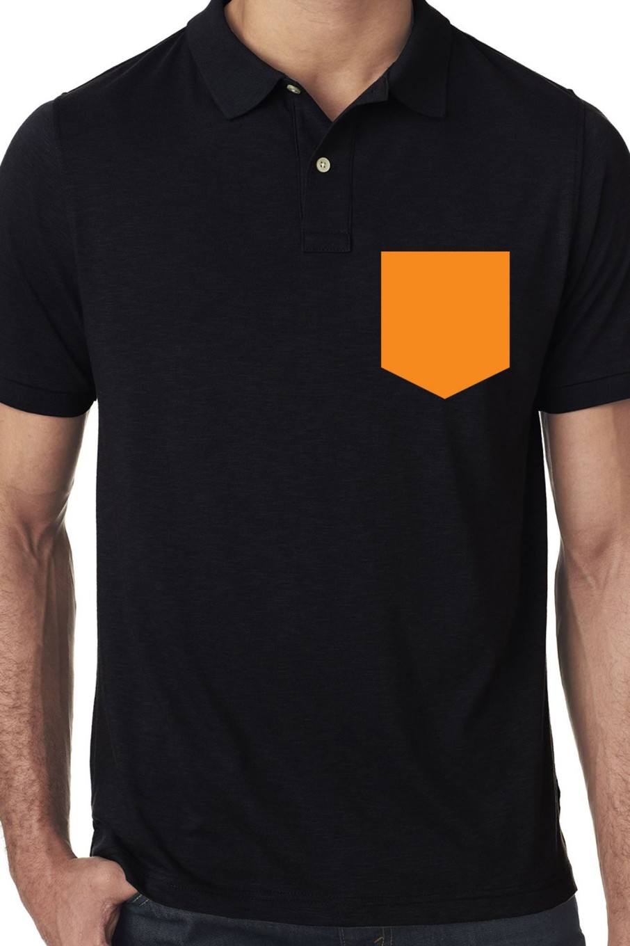 Men Styched Fashion | Black Premium Polo T-Shirt With Orange Pocket Patch Graphics Printed On Chest