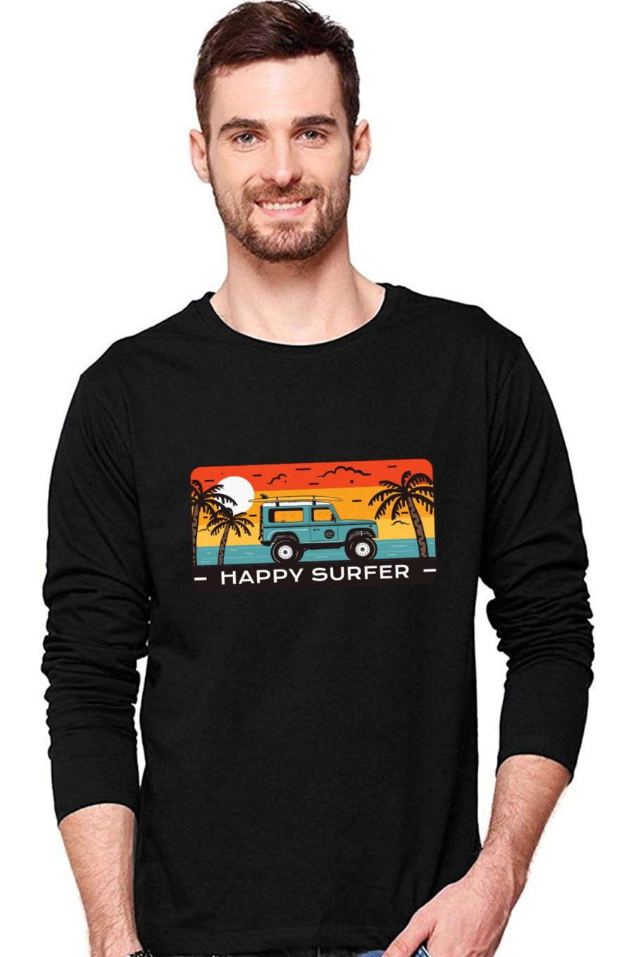 Men Styched Fashion | Happy Surfer - Casual Full Sleeve Graphic Printed Black Cotton T-Shirt