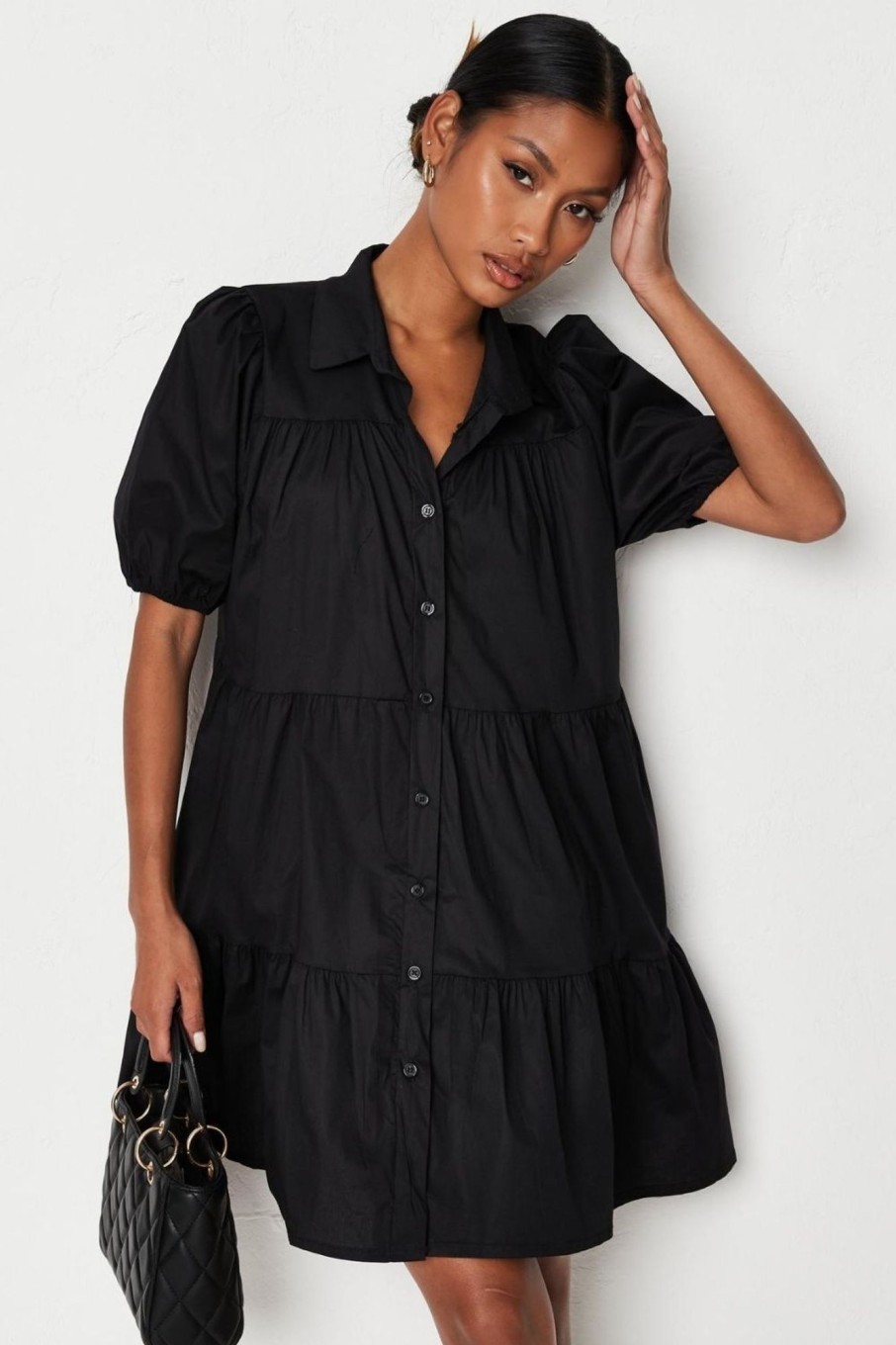 Women Styched Fashion | Button Open Front Ruffled Black Dress