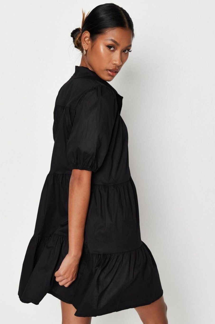 Women Styched Fashion | Button Open Front Ruffled Black Dress