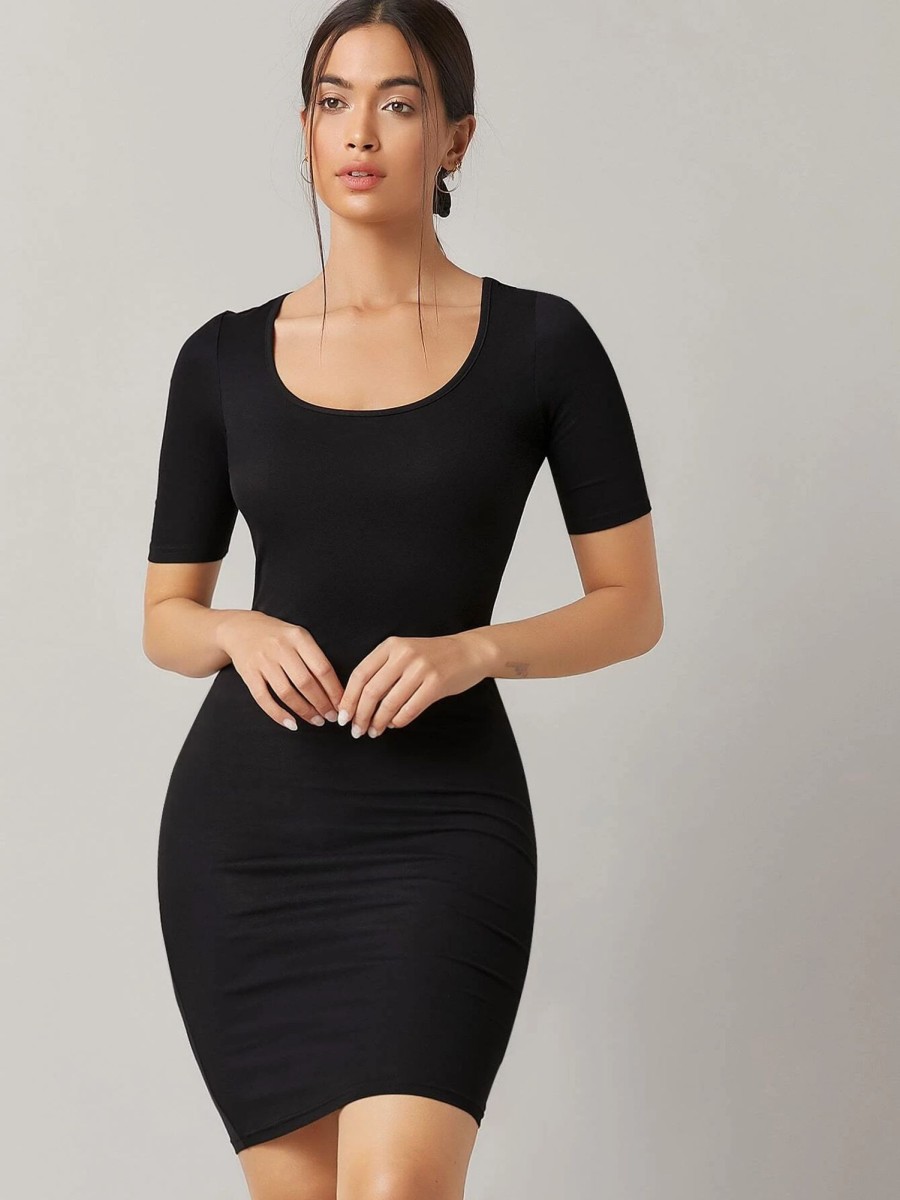 Women Styched Fashion | Scoop Neck Bodycon Dress Black