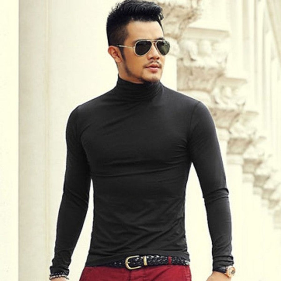 Men Styched Fashion | Slim Stretch Cotton Long Sleeved High Necked T-Shirt Black