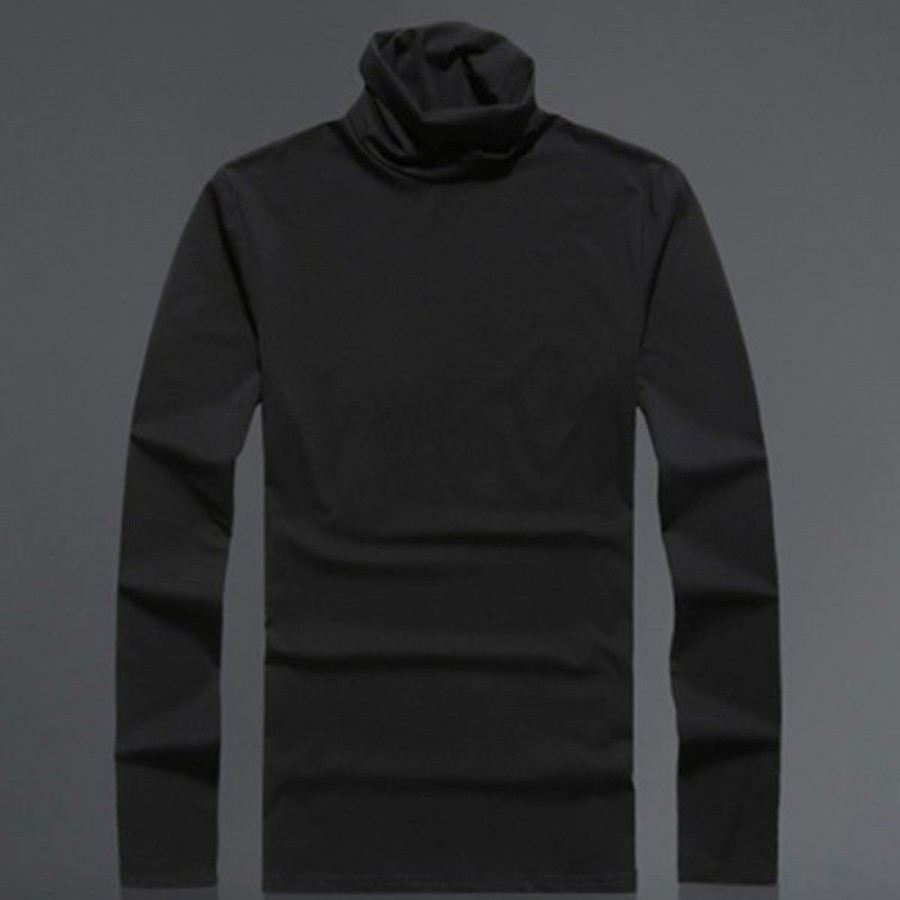 Men Styched Fashion | Slim Stretch Cotton Long Sleeved High Necked T-Shirt Black