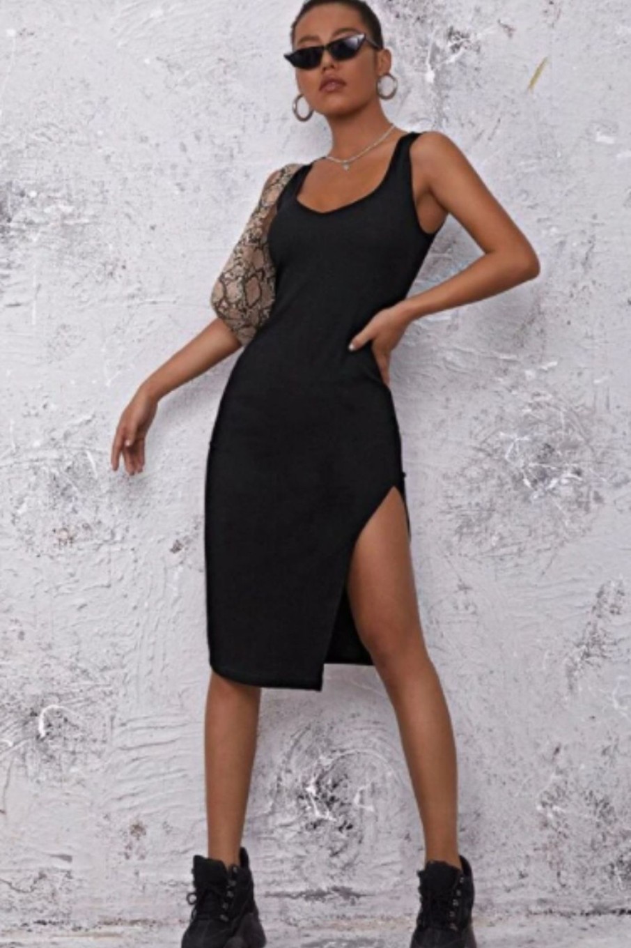 Women Styched Fashion | Split Thigh Solid Dress