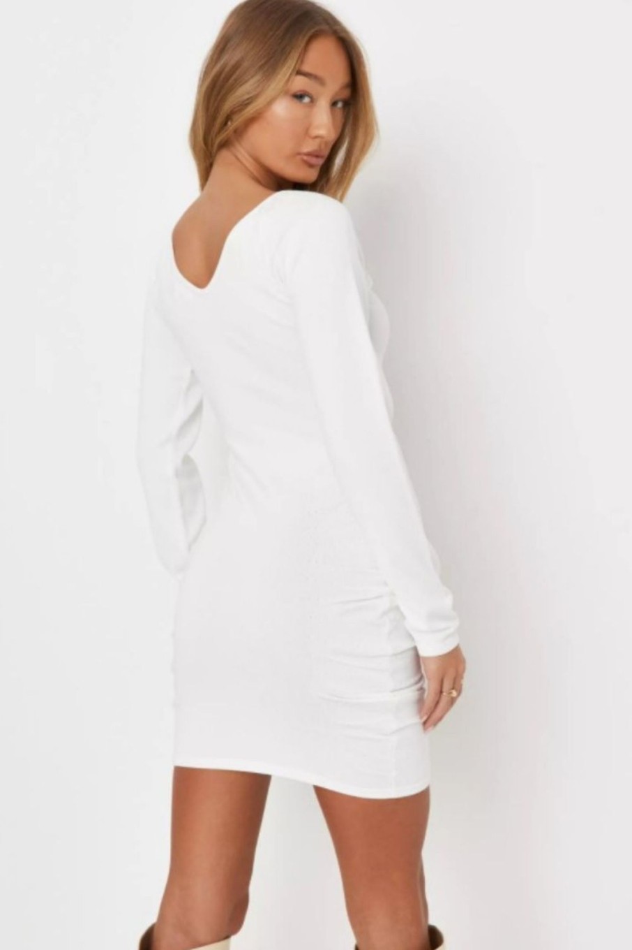 Women Styched Fashion | White Halterneck Ruched Cut Out Dress