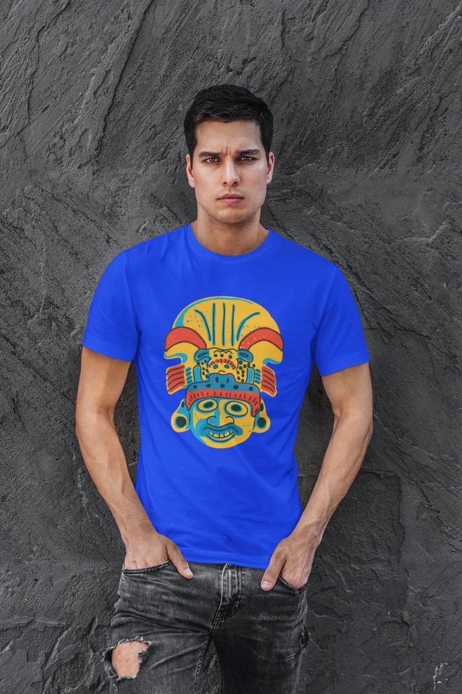 Men Styched Fashion | Tribal Mask - Warrior Attitude Blue Casual Round Neck Cotton T-Shirt