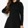 Women Styched Fashion | Black Long Sleeve Collared Skater Dress