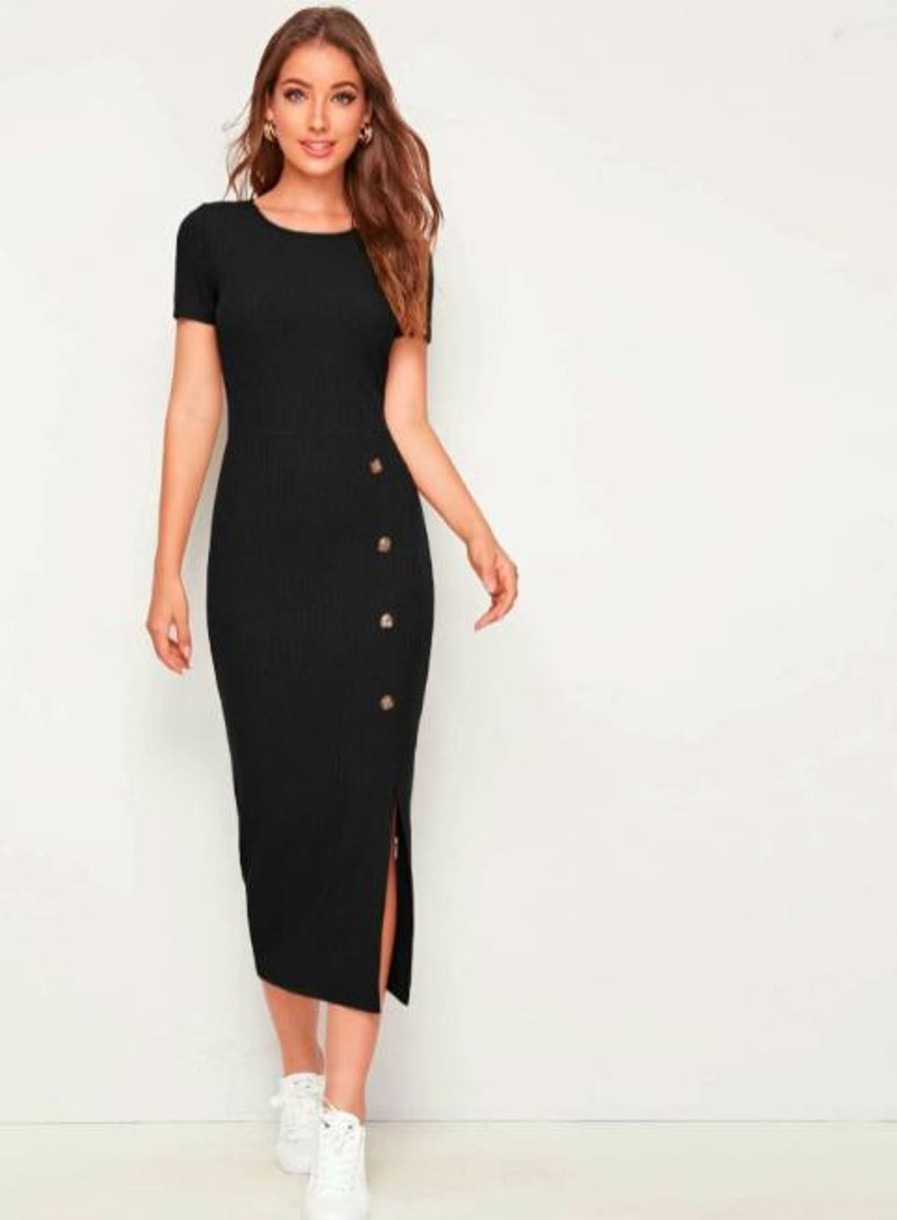 Women Styched Fashion | Split Hem Rib Knit Dress