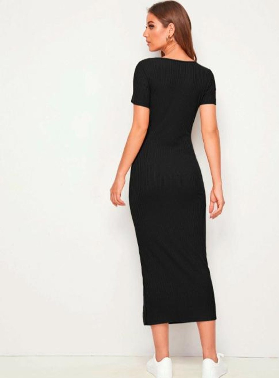 Women Styched Fashion | Split Hem Rib Knit Dress