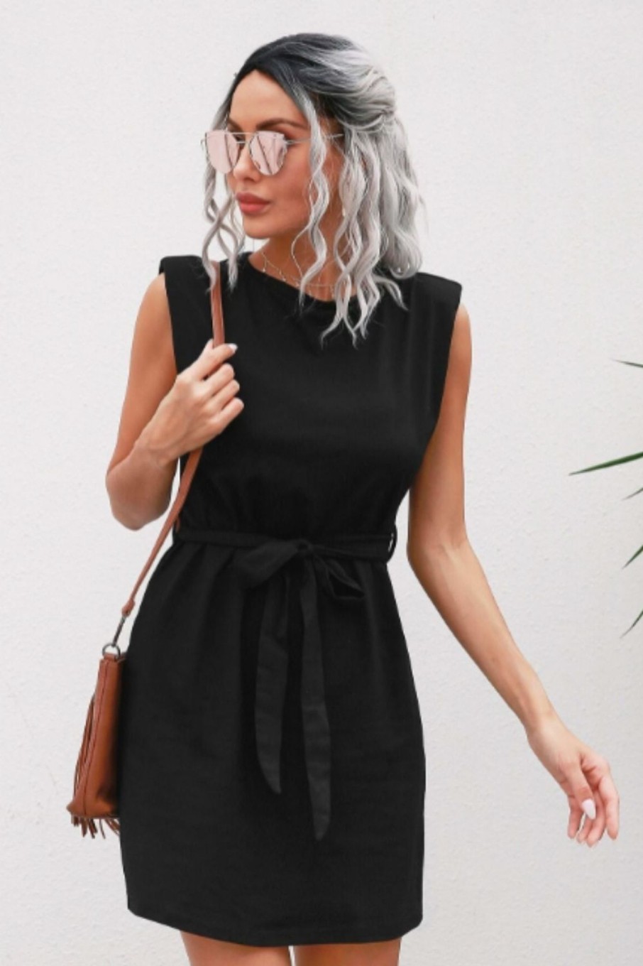 Women Styched Fashion | Sleeveless Tie Waist Round Neck Mini Dress