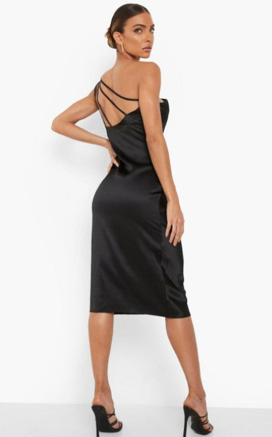 Women Styched Fashion | Black One Shoulder Strap Detail Midi Dress