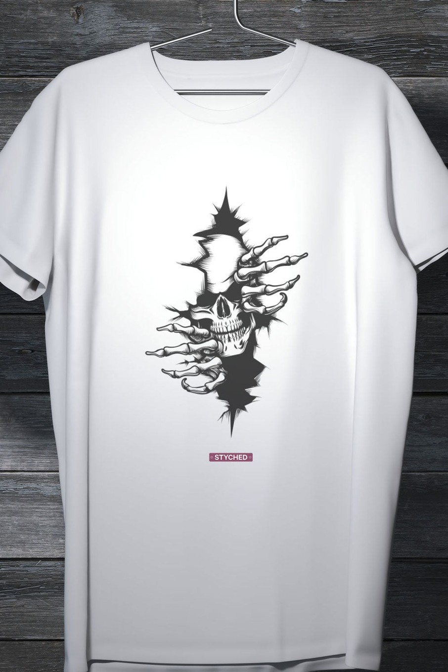 Men Styched Fashion | Illusion Print - Skull Tearing Out White Casual Tshirt