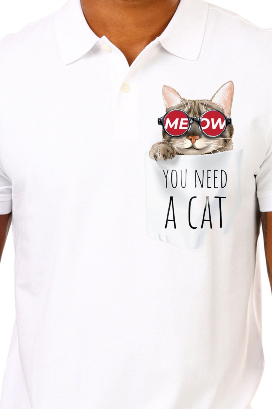 Men Styched Fashion | You Need A Cat - White Premium Polo With Pocket Graphics Printed