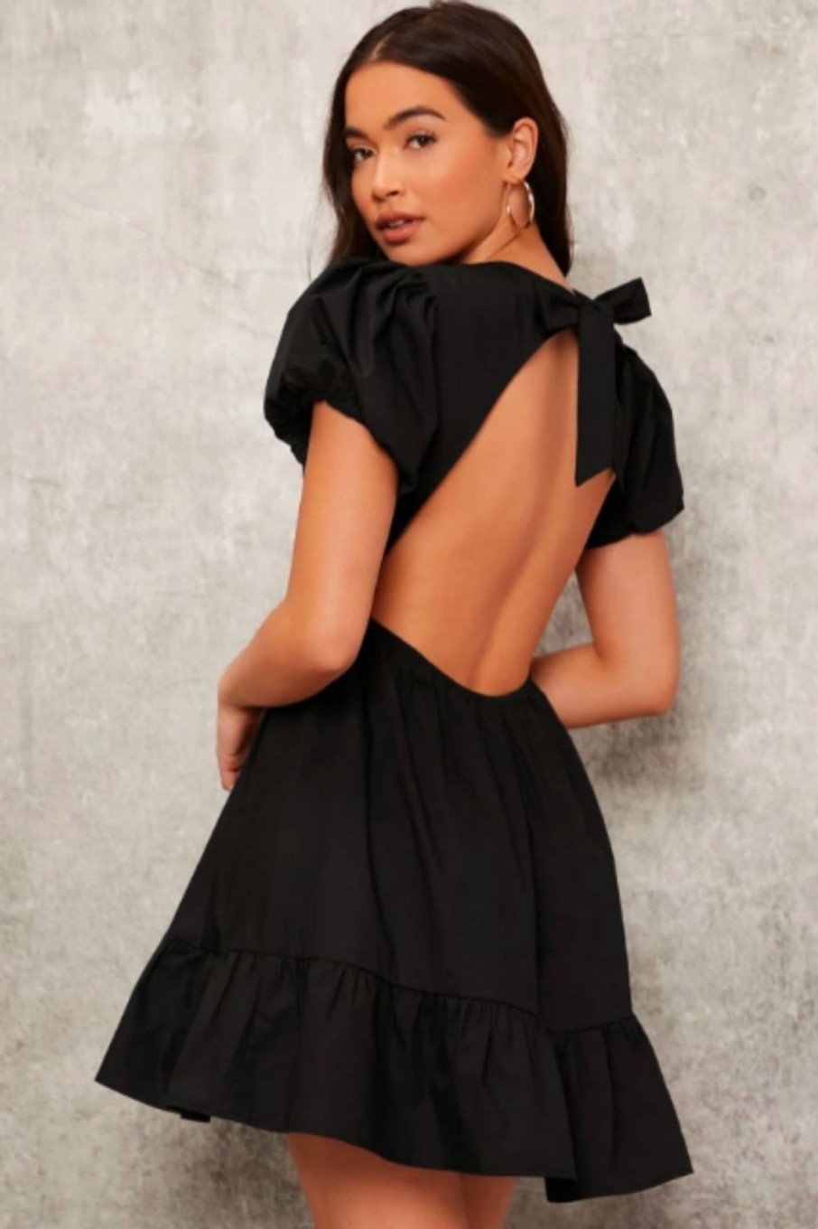 Women Styched Fashion | Puff Sleeve Ruffle Hem Bow Backless Dress