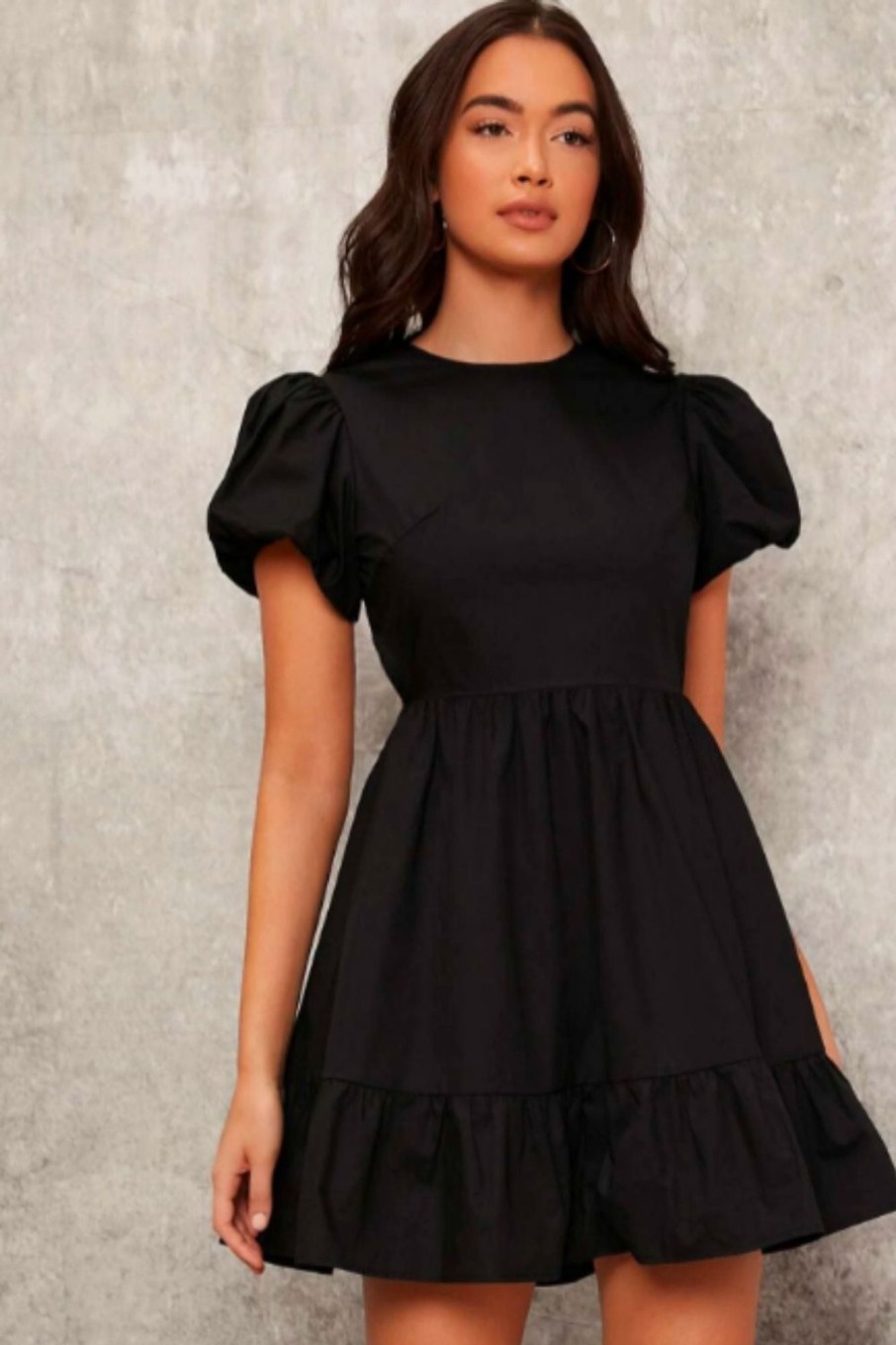 Women Styched Fashion | Puff Sleeve Ruffle Hem Bow Backless Dress