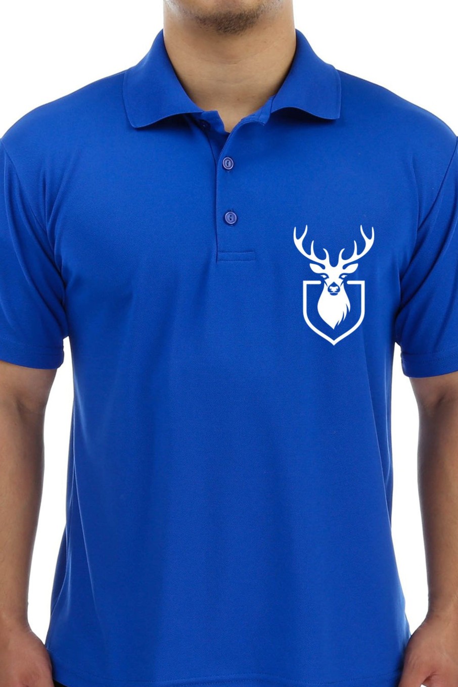 Men Styched Fashion | Blue Premium Polo T-Shirt With Deer Minimal Silhouette Graphics On Pocket Printed