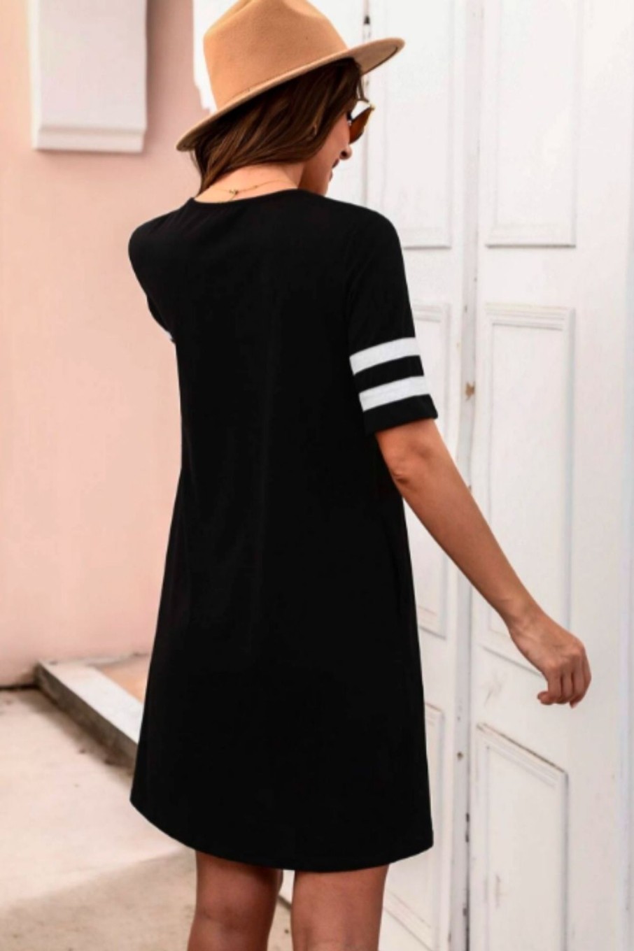 Women Styched Fashion | Striped Sleeve Solid T-Shirt Dress