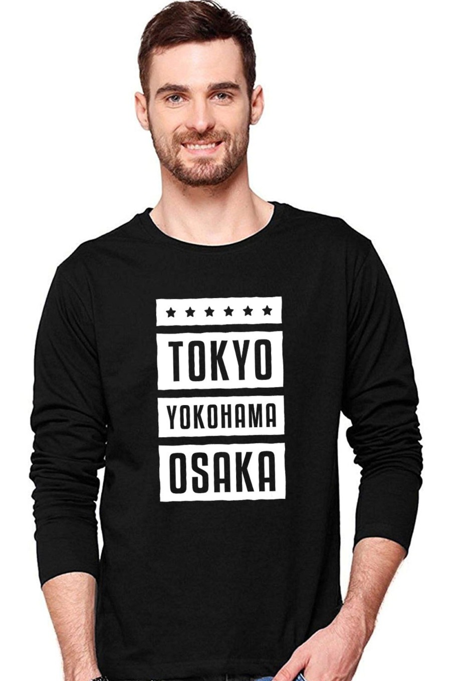 Men Styched Fashion | Tokyo Yokohama Osaka - Authentic Styched Full Sleeve Graphic Printed Black Cotton T-Shirt