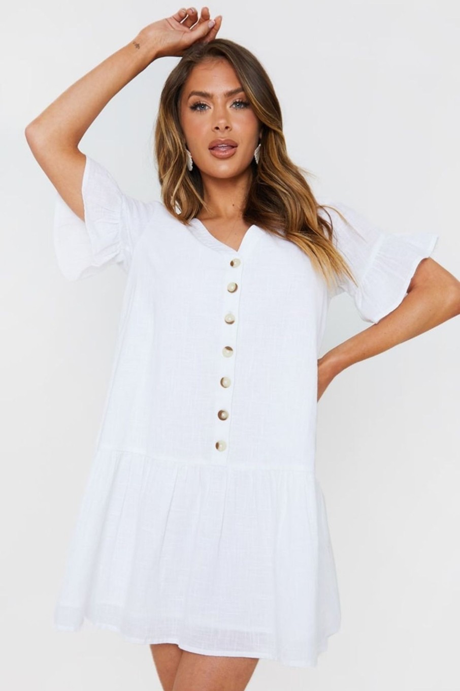 Women Styched Fashion | White Button Through Smock Dress