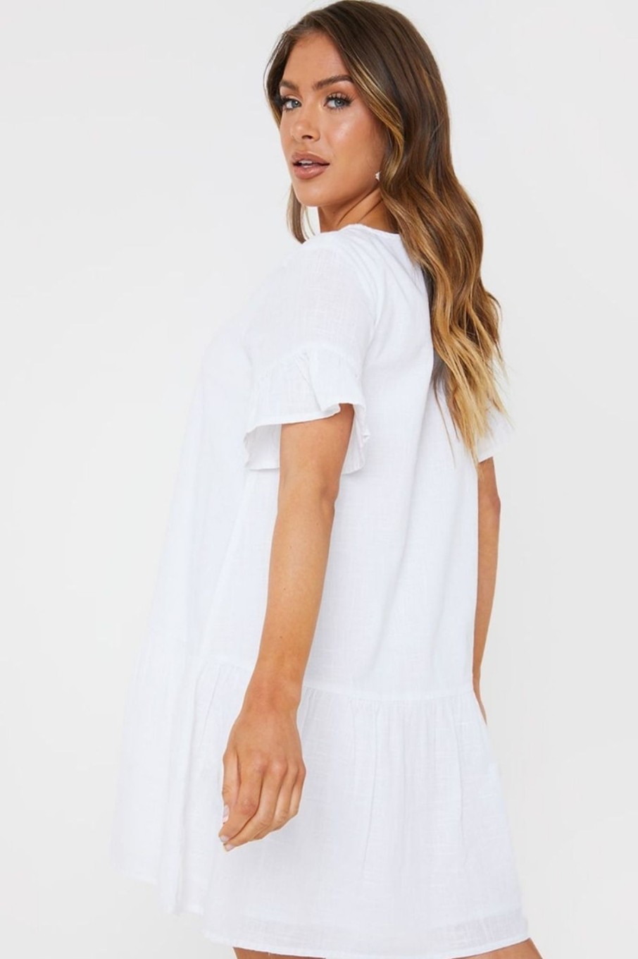 Women Styched Fashion | White Button Through Smock Dress