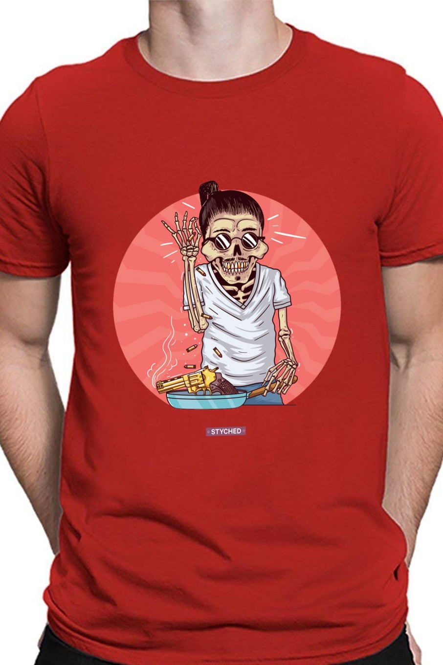 Men Styched Fashion | Salt Bae Nusret Skull Swag - Graphic Quirky Red Tshirt