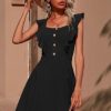 Women Styched Fashion | Button Front Ruffle Trim Dress Black