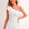 Women Styched Fashion | White Asymmetrical Neck Ruffle Tiered Layer Romper