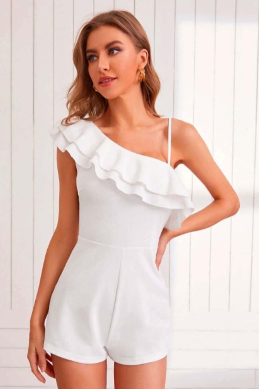 Women Styched Fashion | White Asymmetrical Neck Ruffle Tiered Layer Romper