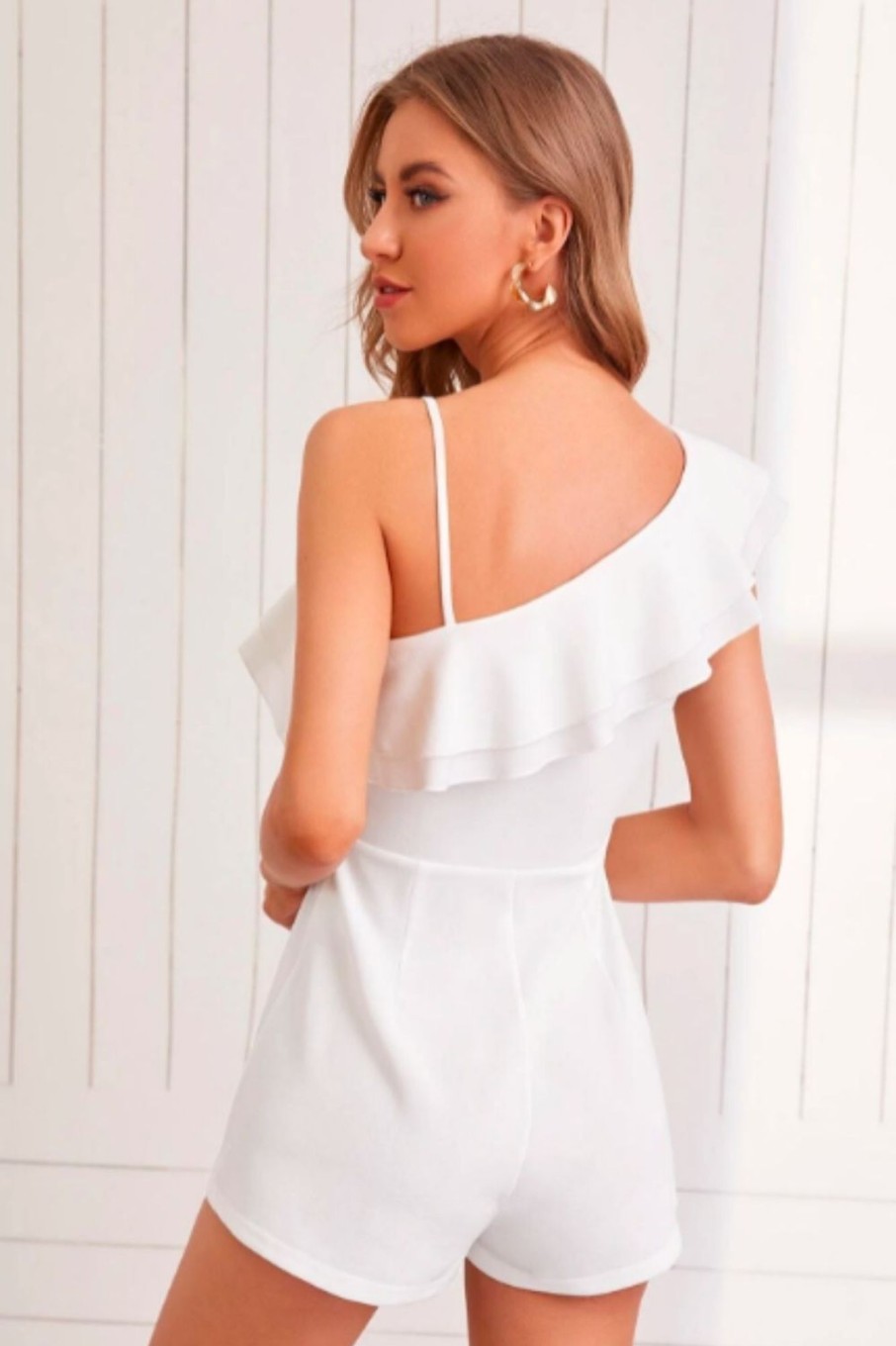 Women Styched Fashion | White Asymmetrical Neck Ruffle Tiered Layer Romper