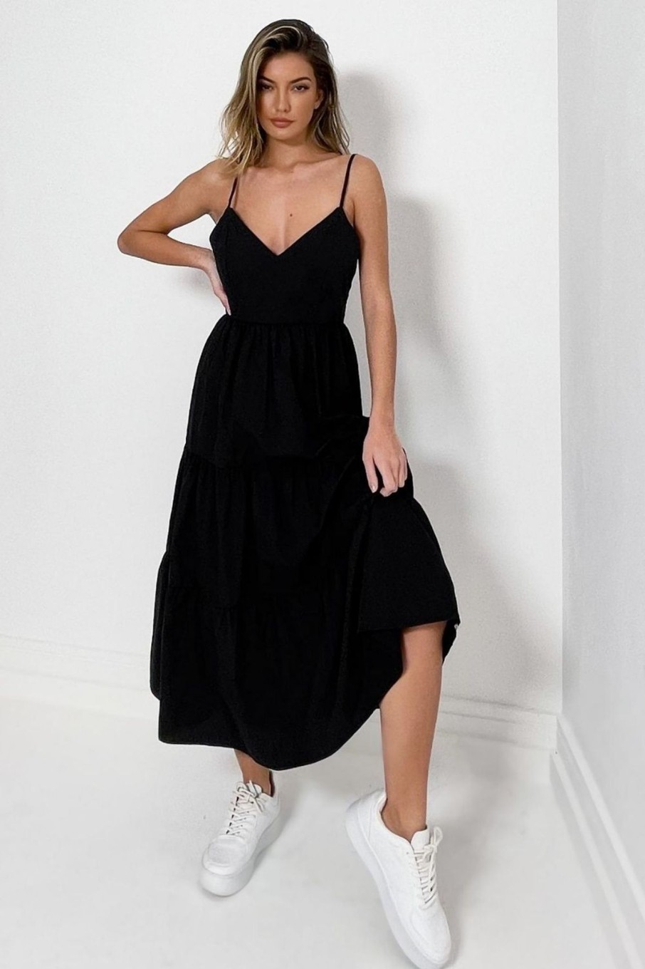 Women Styched Fashion | Spaghetti Strap Plunge Neck Black Midaxi Dress