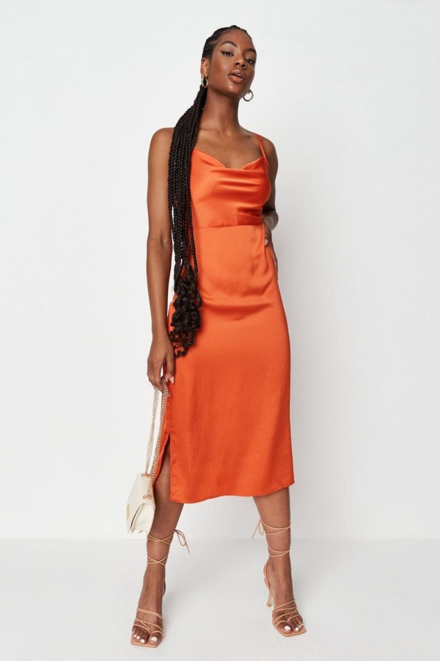 Women Styched Fashion | Orange Cowl Neck Dress Up Midi Dress