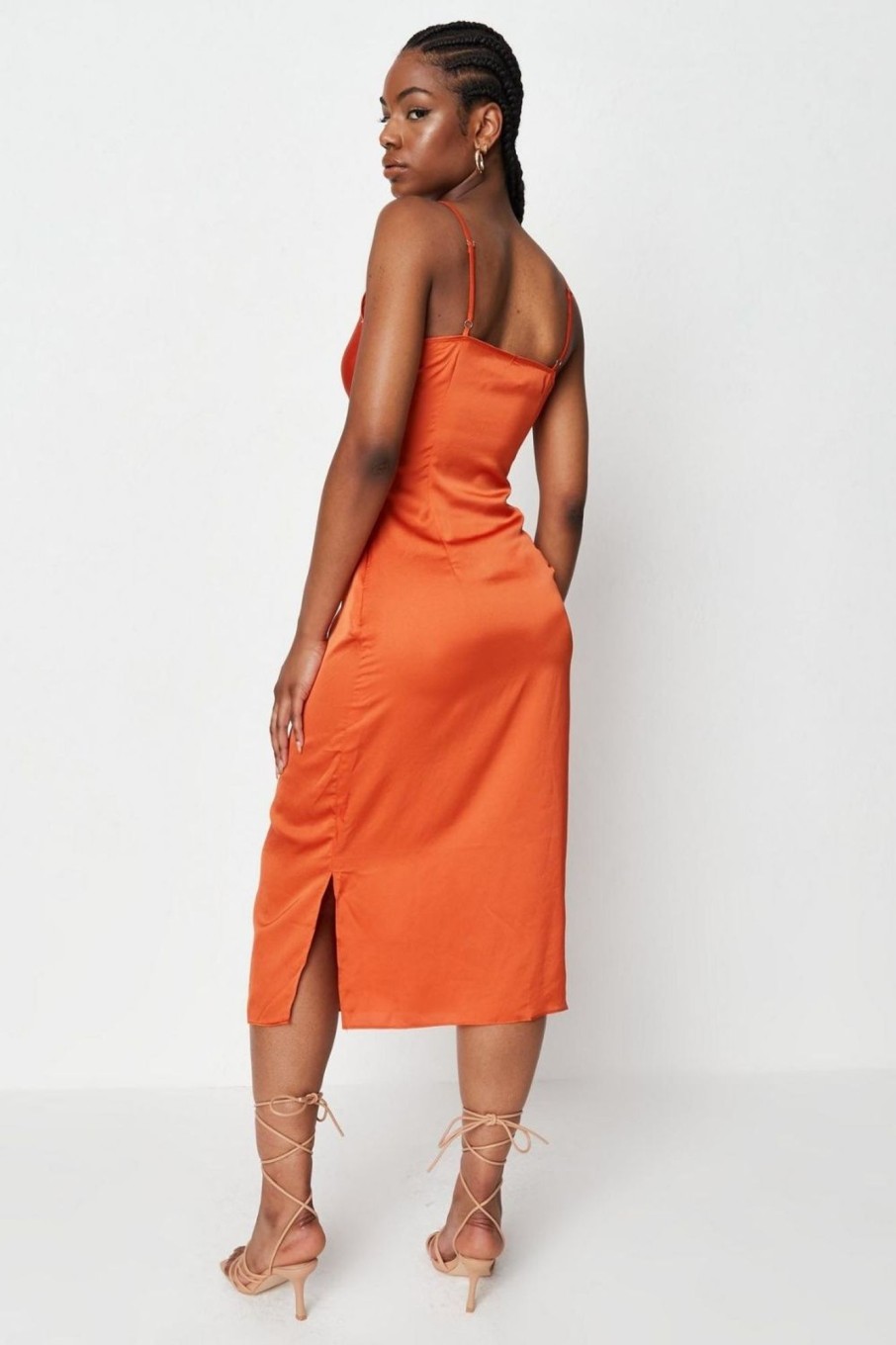 Women Styched Fashion | Orange Cowl Neck Dress Up Midi Dress