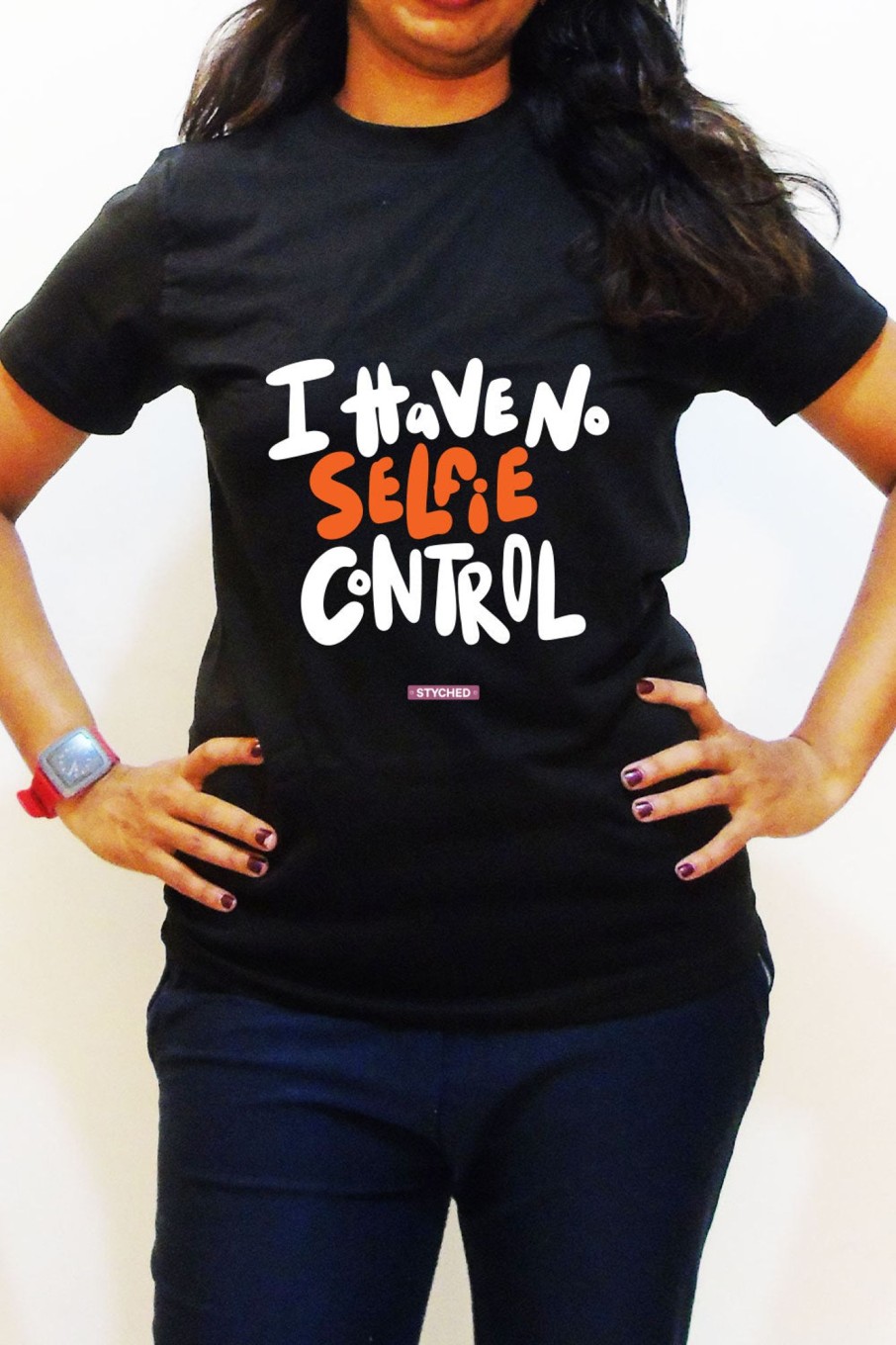 Men Styched Fashion | I Have No Selfie Control - Quirky Graphic T-Shirt Black Color