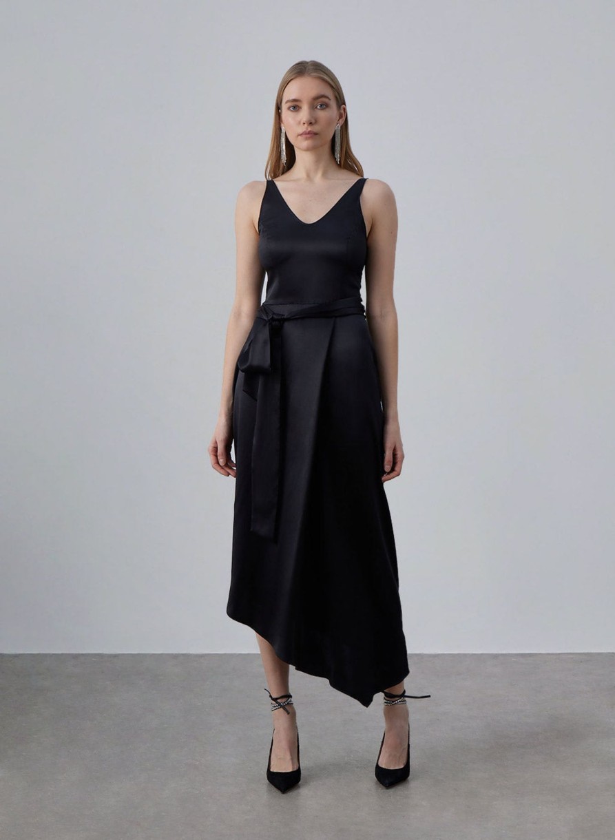 Women Styched Fashion | Black Belted Asymmetrical Silky Midi Dress